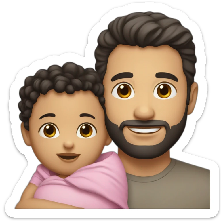 White guy holding a baby girl. The guy has short black hair, brown eyes and a short beard. The baby is a little girl with curly black hair and big brown eyes. sticker