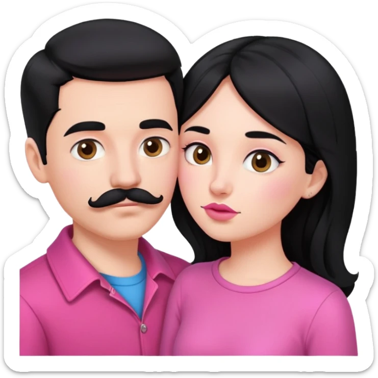 White couple kissing, boy with a mustache and black hair, the girl with long black hair in pink clothes sticker