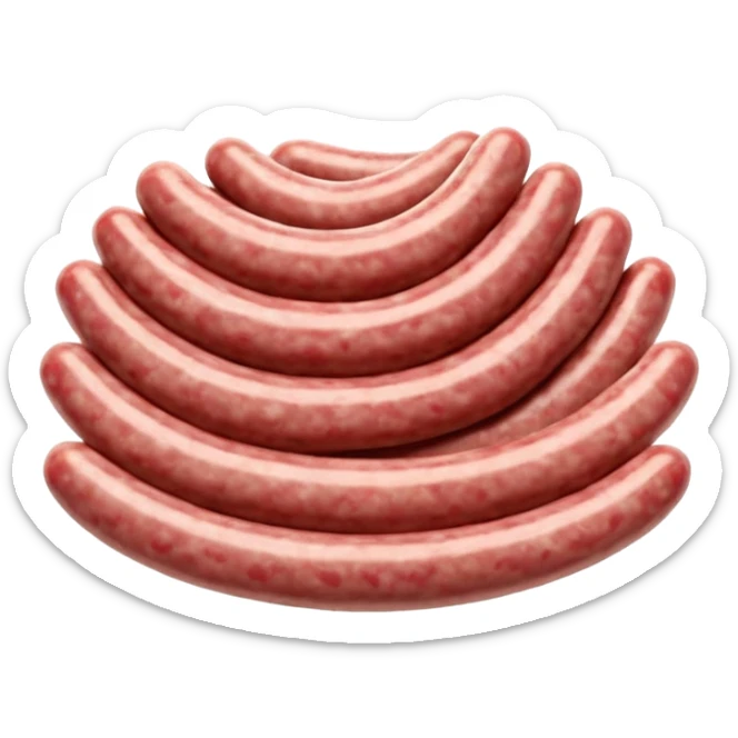 portion of raw sausage filling, coarse grind, pink-red meat, visible white fat, moist uneven texture, natural color variation, unprocessed look, clean 3D rendering, soft light, subtle shadow, no background elements, no anthropomorphic features, transparent background, emoji scale sticker