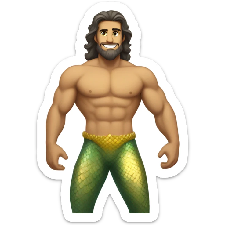 Tan muscular merman with yellow mermaid tail, dark hair and stubble  sticker