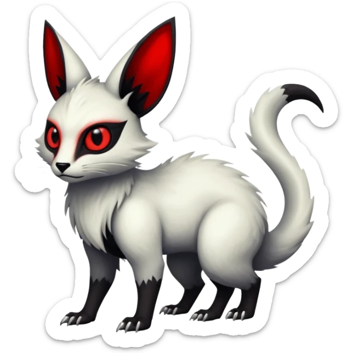 a white exotic edgy vernid-fionbr-Fakémon-creature, with black belly and red eyes, full body sticker