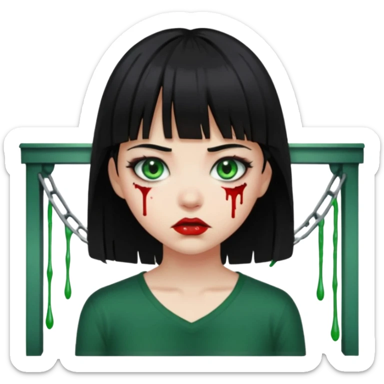 Guria com cabelo preto franjinha sangrando olhos verdes  fundo preto e um piercing bridgepiercing sticker