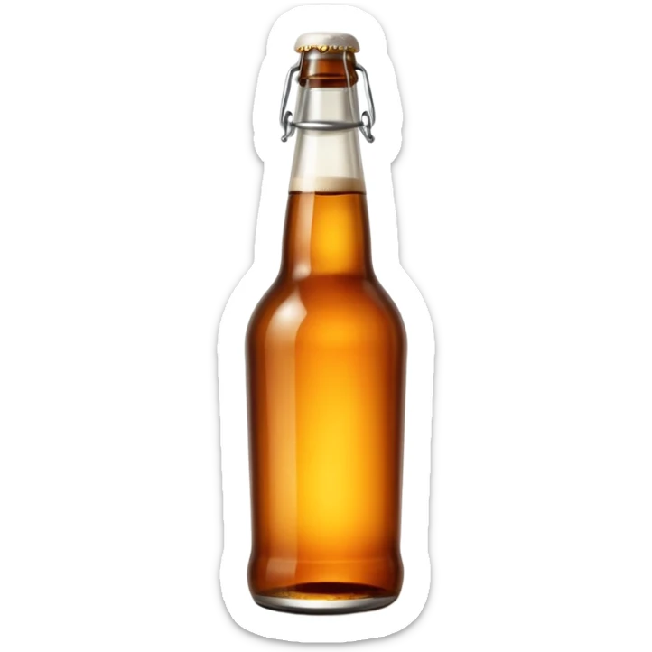 glass bottle of beer with warm amber hue visible through transparent glass, long neck, capped with metal crown, subtle condensation suggesting coldness, classic clean shape, no label or branding, soft lighting, subtle shadows, emoji scale sticker
