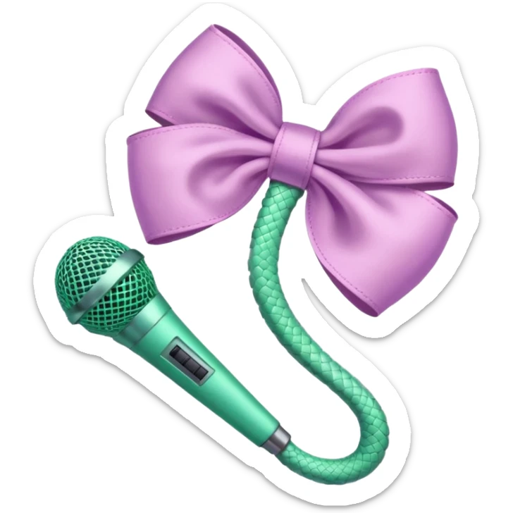 A pastel pink bow with a pastel green snake on the top of one side and a pastel purple microphone on the bottom of the other side sticker