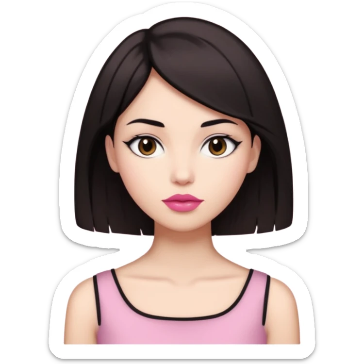 my hair is dark brown almost black, reaching my shoulder. the haircut is wolfcut, pretty lasher hut not thick. slightly pink lips. sticker