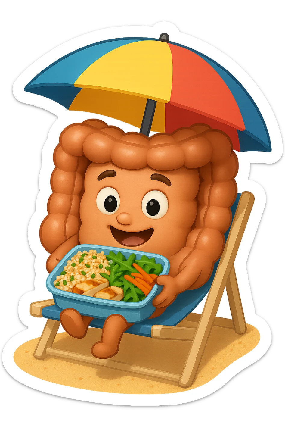 EMOJI STILE IPHONE DI INTESTINO IN SPIAGGIA SU UNA SPIAGGINA SOTTO L'OMBRELLONE CON IN MANO UNA SCHISCETTA DI Insalata di quinoa e pollo con rucola e carote, iperrealistica 4k sticker