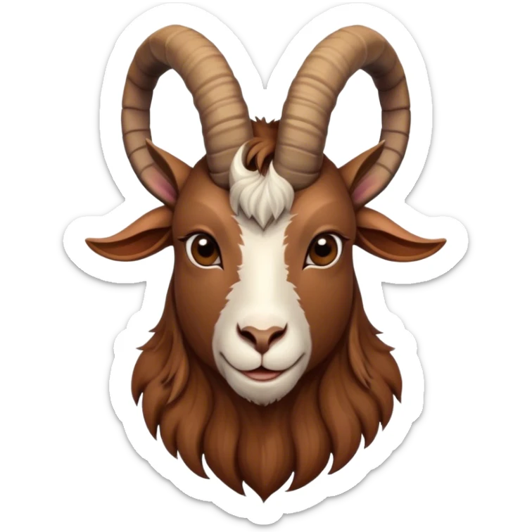 Cinematic Noble Brown Goat Portrait Emoji, Poised and regal, with a sturdy, agile build and a smooth, well-groomed rich brown fur accented by gracefully curved horns, deep-set soulful dark eyes, Simplified yet sharp and sophisticated features, highly detailed, glowing with a warm, dignified glow, high shine, intelligent and spirited, stylized with an air of rustic elegance, focused and attentive, soft glowing outline, capturing the essence of a watchful and confident goat, so majestic it feels as though it could leap out of the screen with effortless authority! sticker