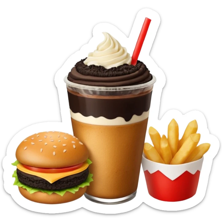 Crea una escena estilo restaurante que incluya: una 🍔 hamburguesa jugosa, un 🥤 frappé de galleta oreo en vaso de vidrio con popote, 🍟 papas fritas sticker