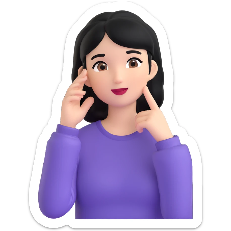 girl listening to viewer, side view, hand to ear, emoji style, with black hair sticker