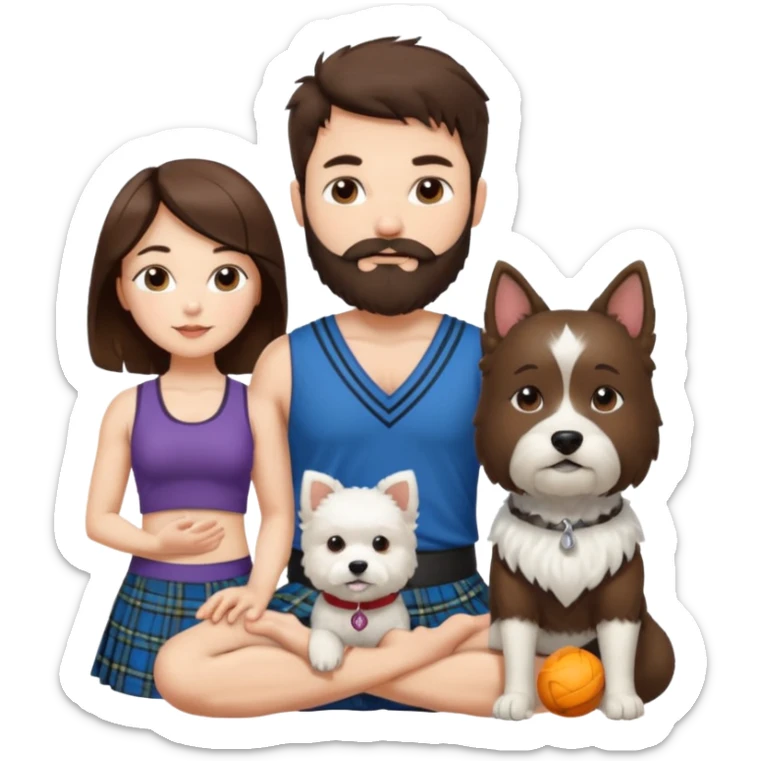 emoji of brunette man with beard wearing kilt, brunette woman in yoga outfit and white fluffy dog sticker