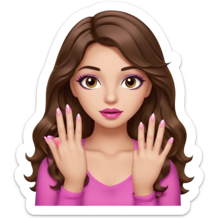 girl with long wavy brown hair, brown eyes, light to medium complexion, in a pink sexy top, pink lips, long lashes, puckered lips, showing my manicure one hand 5 fingers sticker