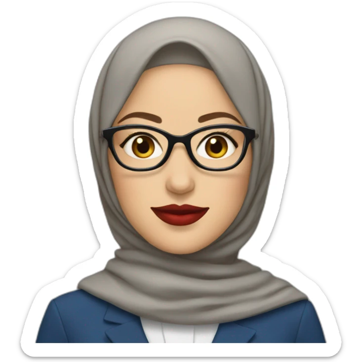 Hijabi white woman with glasses and brown eyes wearing a blue suit and red lipstick sticker