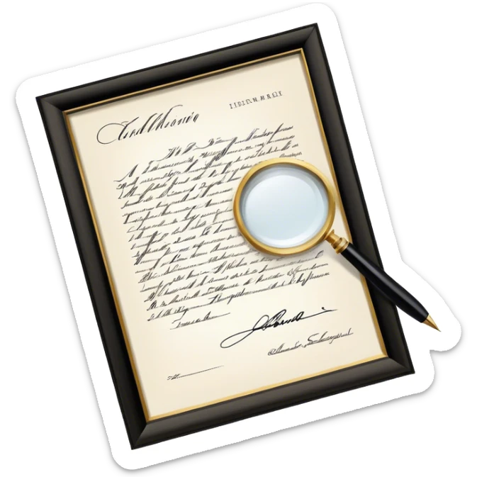 Icon for Autograph Collecting: a signed piece of paper or book page with a famous signature, surrounded by a pen, a magnifying glass, and a collection of framed autographs. Transparent background. sticker