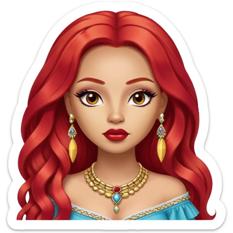 Colombian, pretty lips, colombian clothes, very light skin, long red hair, jewelry, pretty bratz baddie, black eyeliner sticker