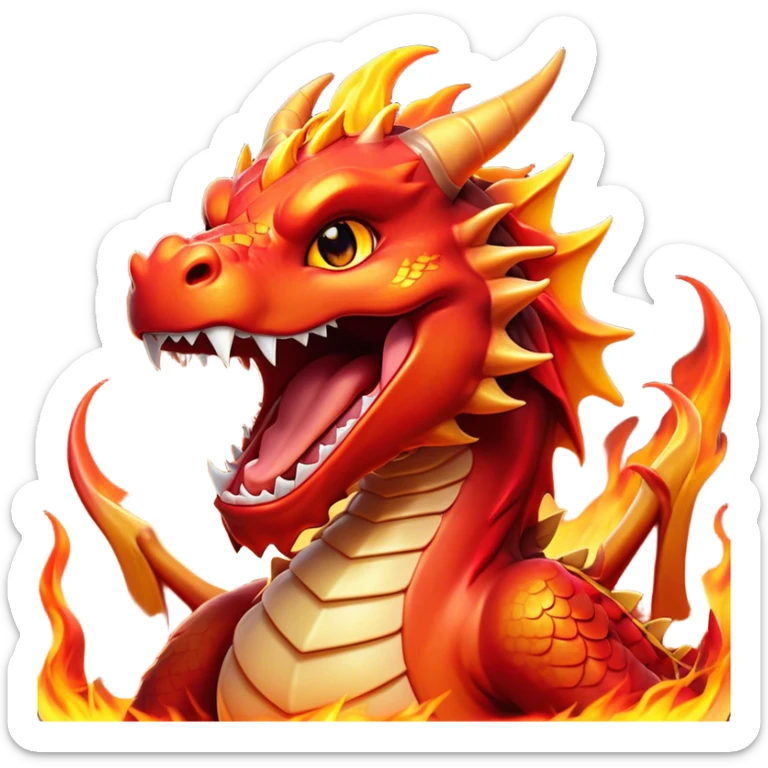Cinematic Cute Yawning Fierce Fire Dragon Portrait Emoji, Head tilted slightly with a dramatic, wide-open yawn, revealing a fearsome yet endearing scaled visage bathed in searing reds and oranges, with gentle flames licking around its open mouth; rendered with realistic detail and flickering natural light, high shine, relaxed yet fierce, styled with a dash of smoldering charm, soft glowing outline, capturing the essence of a sleepy but spirited inferno ready to unleash a tender blaze of warmth! sticker