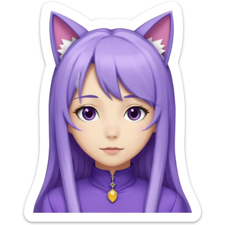 female anime character with long periwinkle hair and cat ears on her head. She is wearing a purple outfit with a high neckline and long sleeves.  sticker