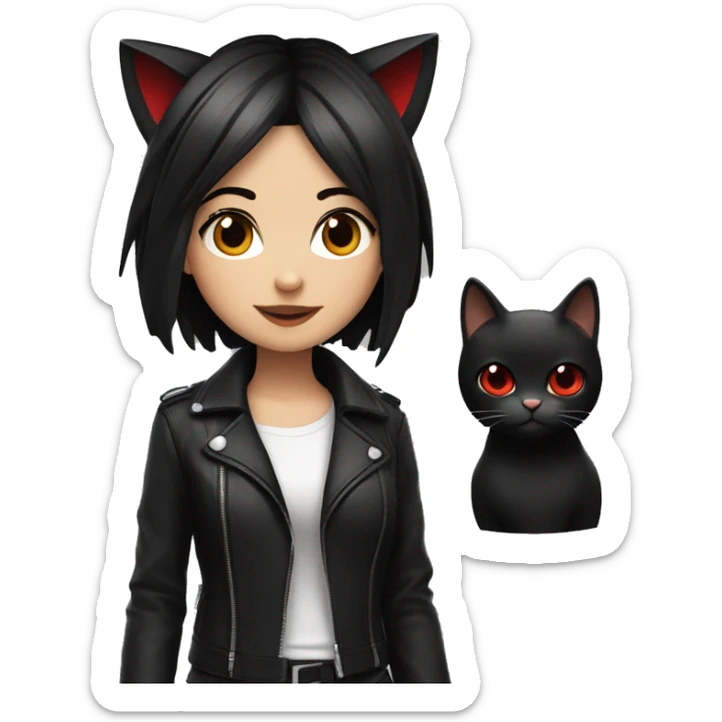 girl, short black hair, with cat ears, red eyes, black collar on neck, wearing leather black jacket, smirking sticker