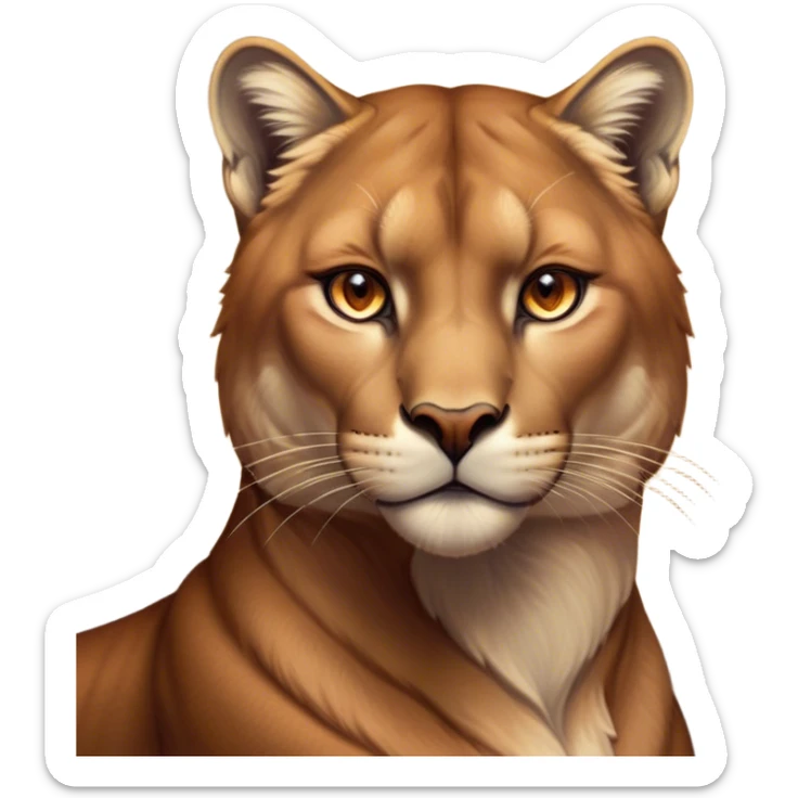 Cinematic Noble Cougar Portrait Emoji, Poised and regal, with a lithe, muscular build and a sleek, tawny Fur with subtle dark accents, deep-set soulful amber eyes, Simplified yet sharp and sophisticated features, highly detailed, glowing with a warm, dignified glow, high shine, intelligent and stealthy, stylized with an air of wild elegance, focused and attentive, soft glowing outline, capturing the essence of a watchful and confident predator, so majestic it feels as though it could silently pounce out of the screen with effortless authority! sticker