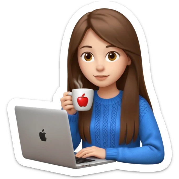 young woman 20 years old, long straight brown hair, wearing a sweater, drinking coffee and working on a laptop, 3D Apple emoji style sticker