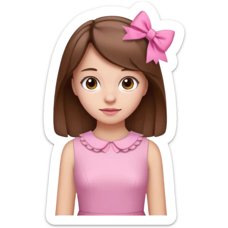 a girl with brown hair and a pink bow, wearing a pink dress sticker