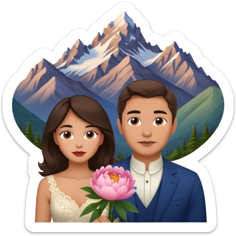 Couple traveling in Montenegro russian man and elegant  Latina girl delicate peonies and mountains in the background  sticker