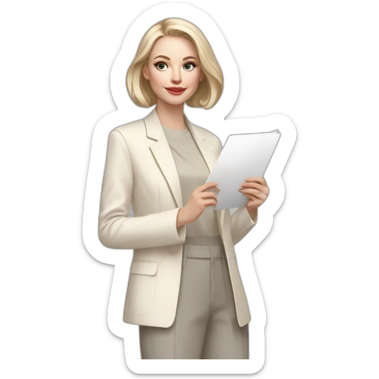 pale skin woman with ash blonde Straightened bob Hair, White Spacious classical jacket, beige palazzo Arrow pants and gray blouse holding a color palette in the hands sticker