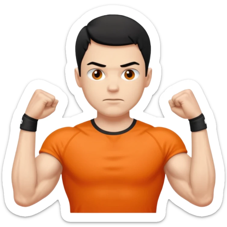 Mach mir einen unglücklichen typen der im gym trainert und viele muskeln hat mit einem orangen sport thshirt und schwarzen kurzen haaren sticker