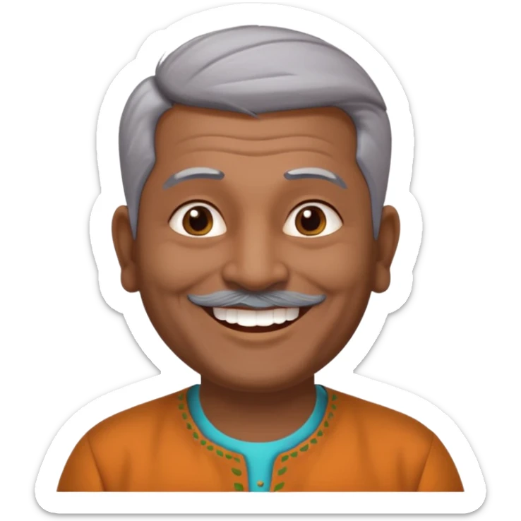 50 yr old indian man, dark skin, grey hair, big smile, white teeth, chubby, no moustache, clean shaven, young style hair, bindy, hair brushed up sticker