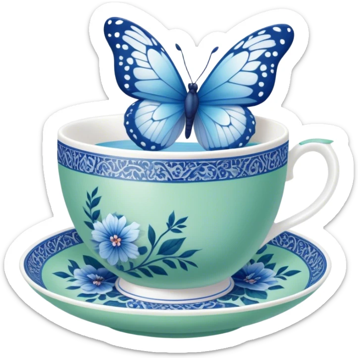 A delicate butterfly with pastel blue wings, resting on the edge of a green  porcelain teacup adorned with intricate blue floral patterns. sticker