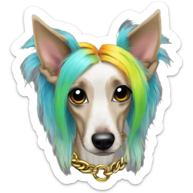 Punk Chinese crested dog neon rainbow hair gold chain punk piercings tattoos punk ear piercings sticker
