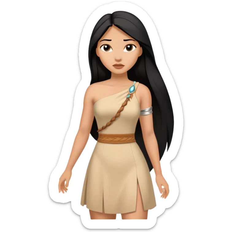 Pocahontas from hips up, tan dress with one shoulder, long black hair, minimal style but clearly recognizable sticker