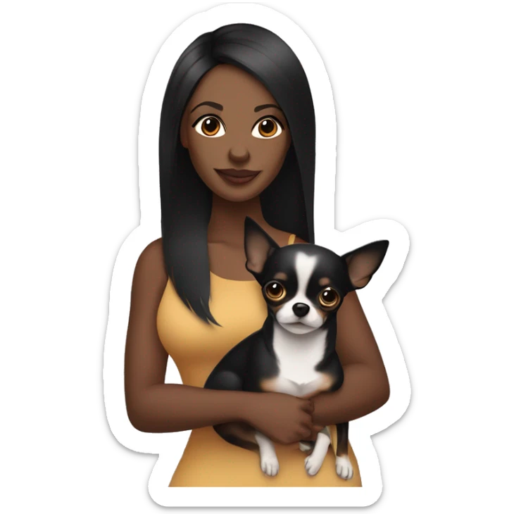 A curvy African American woman with dark skin and straightened black hair holding a black and brown pointy ear chihuahua  sticker