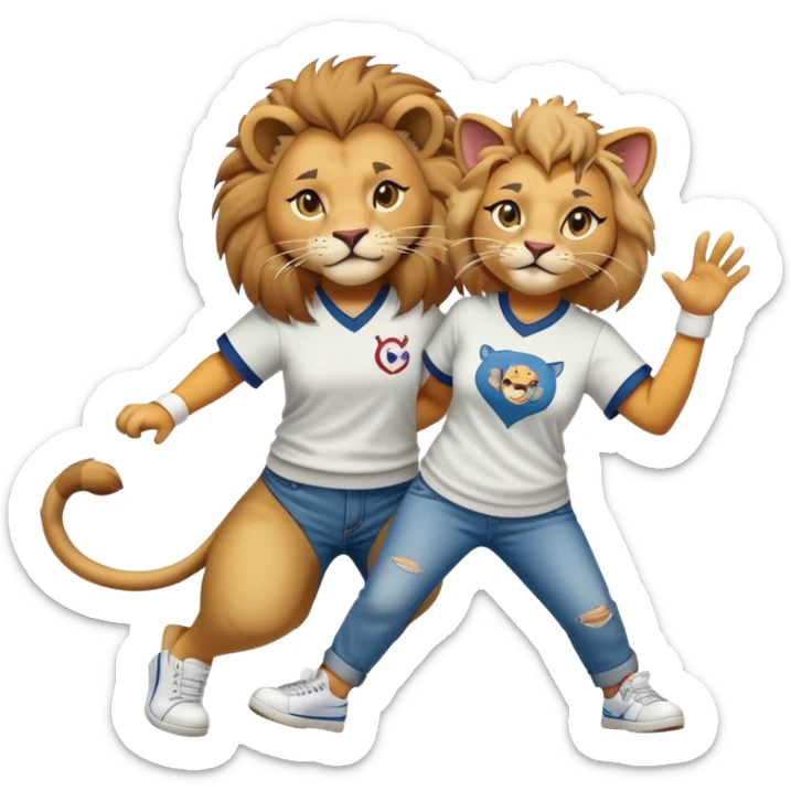 friendly anthropomorphised female lion in a baseball shirt, jeans, and trainers helping a hiphop female cat up after falling sticker