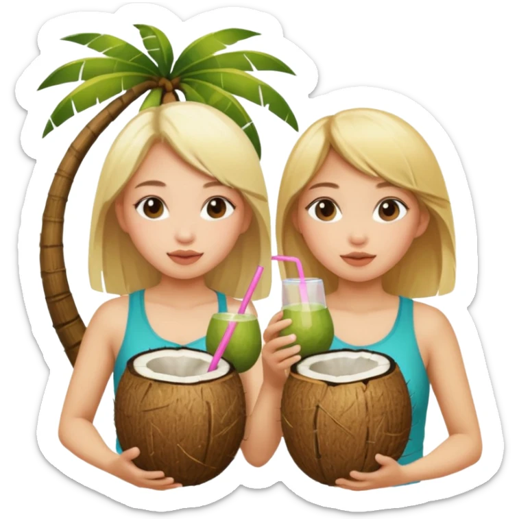 girls drinking out of a coconut one is Asian the other one is blonde  sticker