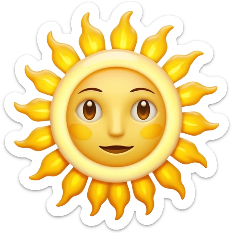 scientific sun emoji, glowing, turbulent layer of incandescent gas, yellow-white hue, mottled by dark sunspots and bright granules from convective currents, realistic, radiant, no face, no text, simple and round sticker