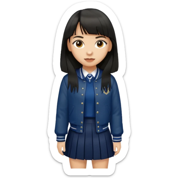 hair : black long hair with fringe 
skin : light 
cloth : brown varsity jacket + navy long long school girl skirt 


 sticker