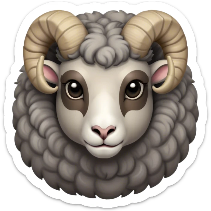 Cinematic Noble Ram Portrait Emoji, Poised and regal, with a sturdy, powerful build and a thick, woolly grey fur adorned with impressively curled horns, deep-set soulful dark eyes, Simplified yet sharp and sophisticated features, highly detailed, glowing with a soft, dignified glow, high shine, intelligent and commanding, stylized with an air of rugged majesty, focused and attentive, soft glowing outline, capturing the essence of a watchful and confident ram, so majestic it feels as though it could charge out of the screen with effortless authority! sticker