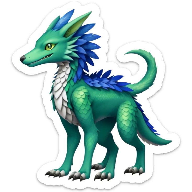 Cute cool fantasy animal hybrid Sergal-Digimon-Fakemon full body, green scales, brown eyes, blue feathers sticker