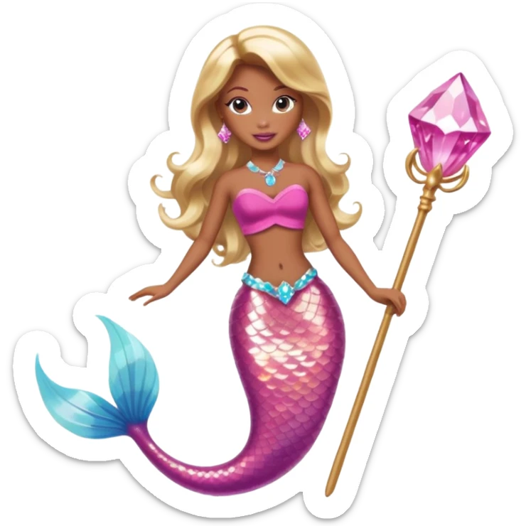 Brown skin blonde hair barbie mermaid with pink diamond tail and wand  sticker