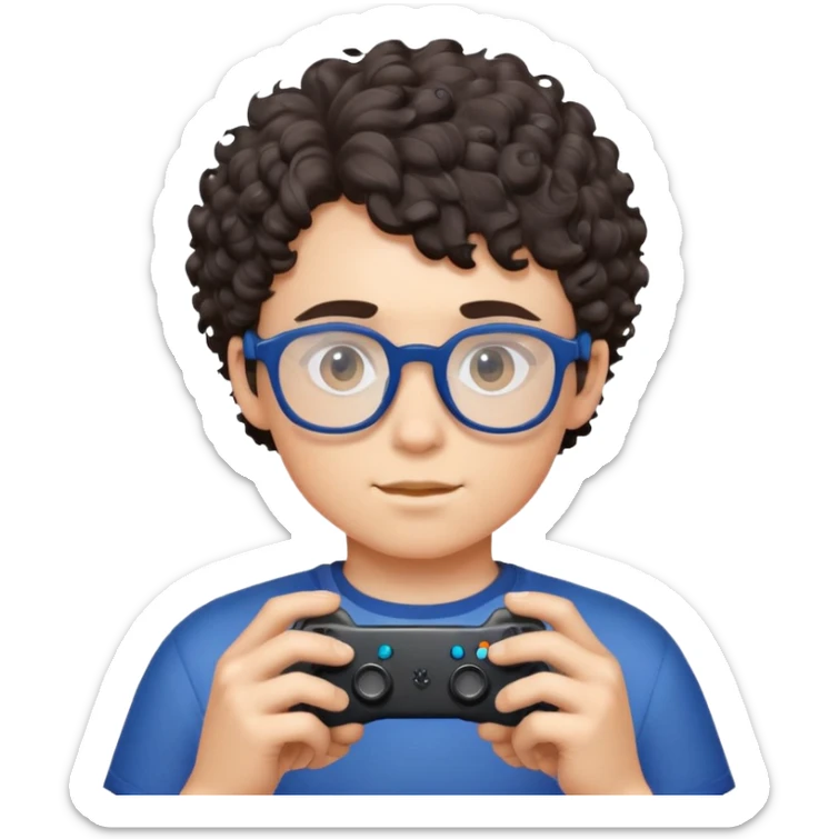 Ragazzo dai capelli ricci corti con gli occhiali blu scuro che gioca ai videogiochi, carnagione chiara sticker