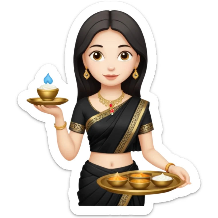 Russian girl in Indian black saree with full image from head to leg and holding a cream colour small tray in her both hands sticker