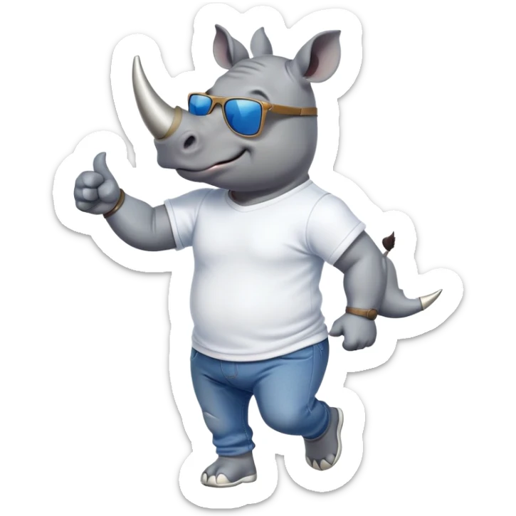 friendly anthropomorphised rhino in jeans and t-shirt, wearing dark sunglasses, jogging upright, standard pose sticker
