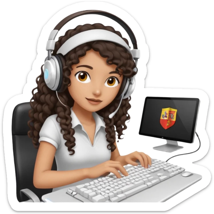 Spanish girl with long dark curly hair, wearing a white gaming headset and playing on keyboard with a gaming mouse in one hand sticker