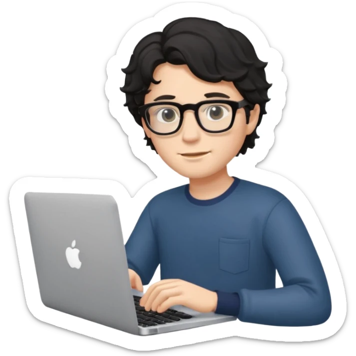 guy with wavy black hair and skin tone a little bit white and glasses, with a macbook sticker