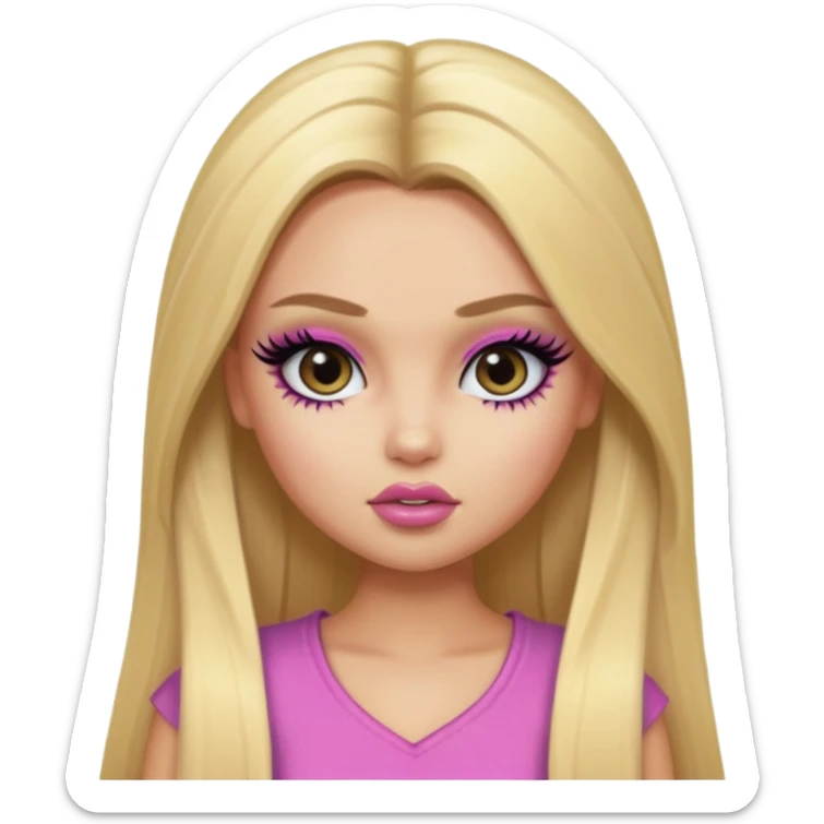 pretty bratz baddie, long blonde straight hair, pretty makeup, fake lashes, baddie clothes sticker