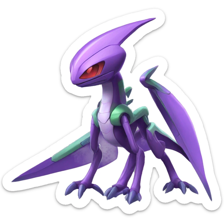 a shiny purple Genesect-Flygon-Raptor-Fakémon—hybrid with a futuristic visor-helmet full body sticker