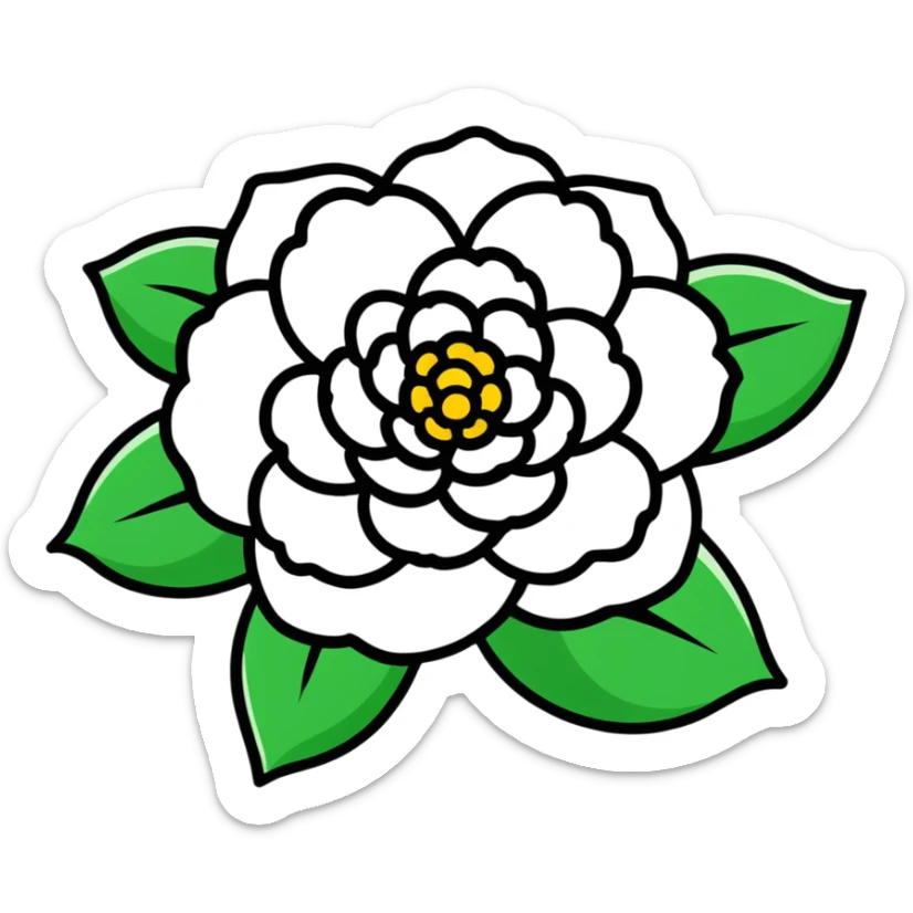 Elegant white camellia flower with symmetrical petals and rich green foliage sticker