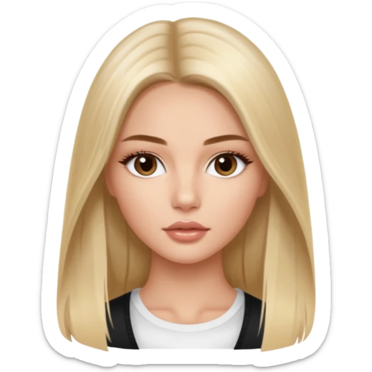 victoria’s secret model with long light blonde straight balayage hair, small dark brown almond eyes, oval face, small lips sticker