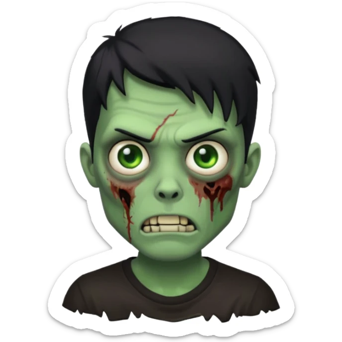 Zombie Emoji AppleIOS Style, lowfade Black Hair, and Black T-shirt, Green Skin, normal expression sticker