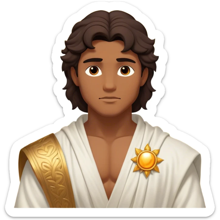 Cinematic Realistic Hercules Portrait, depicted as a classical Greek hero inspired by the Disney version yet echoing the refined proportions and serene dignity of Michelangelo's David. His idealized, sun-kissed bronze skin glows with timeless strength, and his thick, wavy dark hair falls in natural, sculpted curls. Draped in a flowing white robe with delicate golden accents, his expressive eyes radiate determined nobility, all rendered under dynamic natural lighting with a mythic, radiant glow. sticker